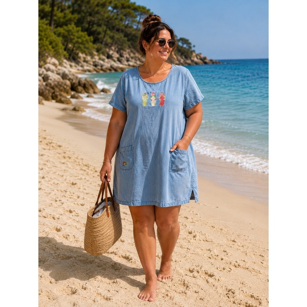 CB Casual Denim Shift Dress XL Blue Light Wash Embroidered Flip Flops Cotton‎